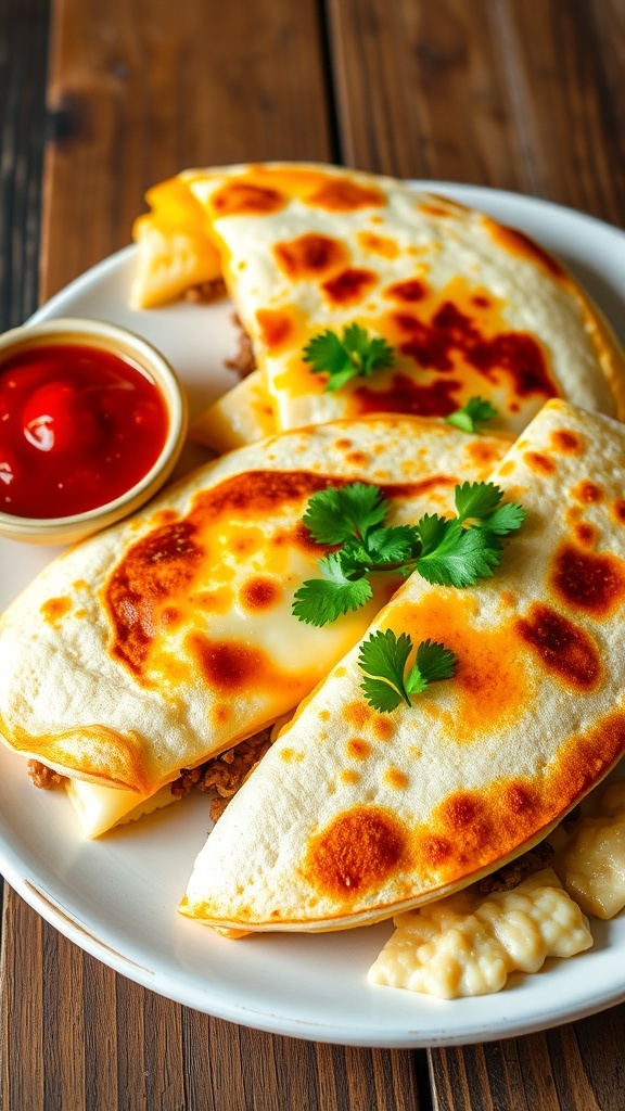 Sliced ground beef quesadilla with cheese, served with salsa and sour cream on a wooden table.